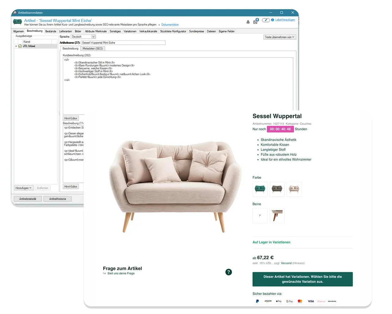 Ein SEO optimierter JTL Shop Artikel und wie er in der JTL Wawi aussieht